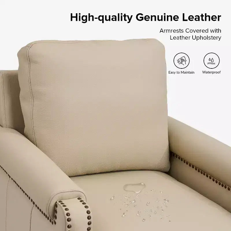 Fauteuil en cuir véritable avec coussin amovible et clous décoratifs