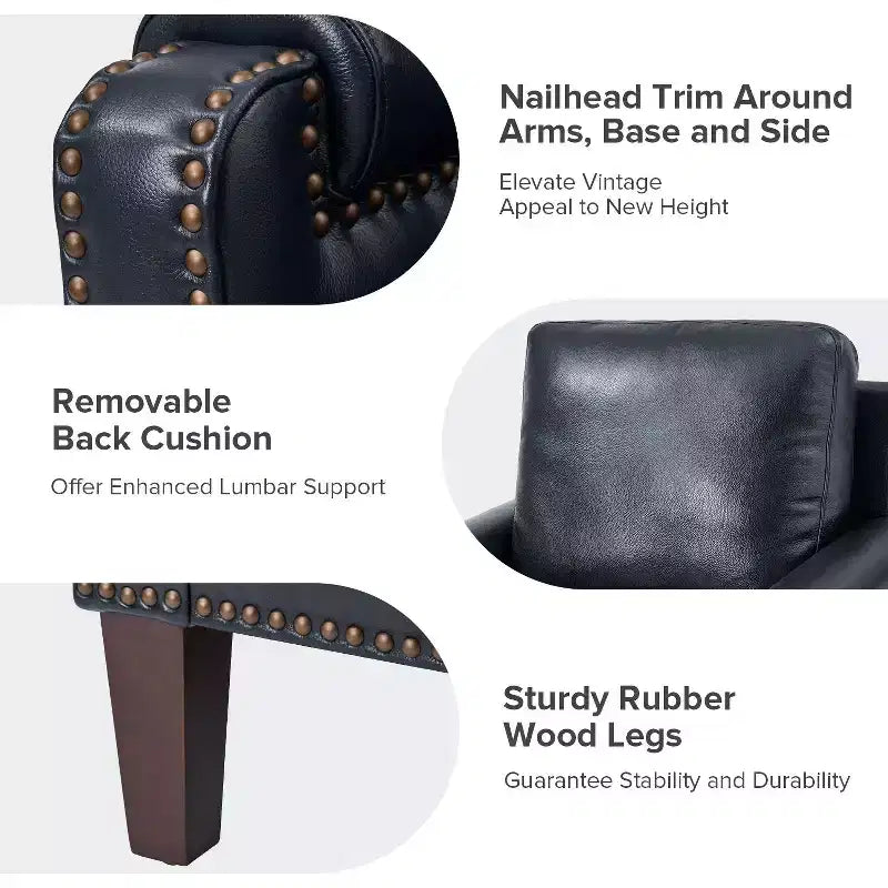 Fauteuil en cuir véritable avec coussin amovible et clous décoratifs
