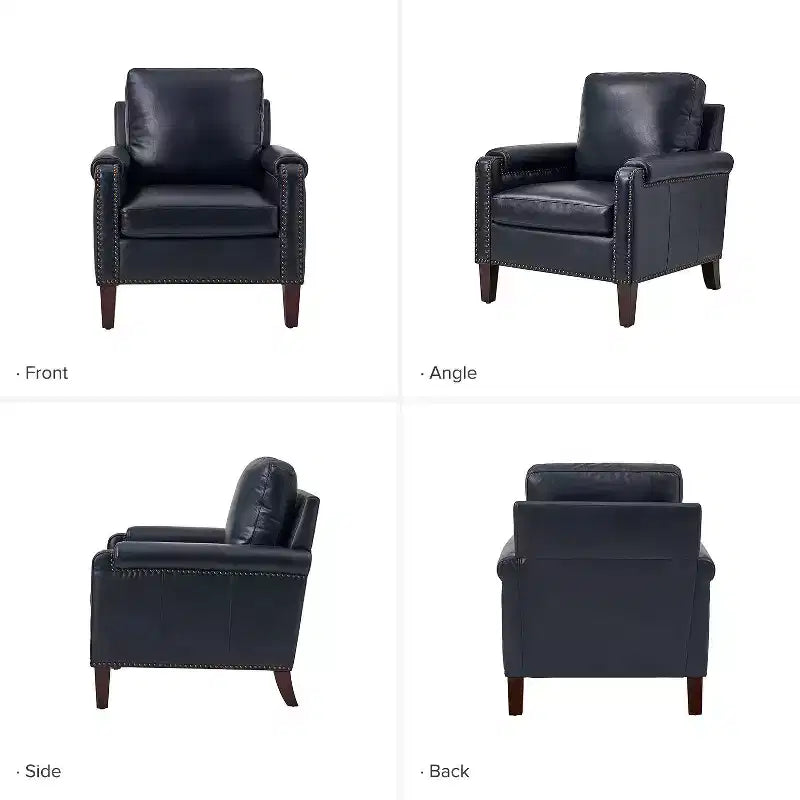 Fauteuil en cuir véritable avec coussin amovible et clous décoratifs