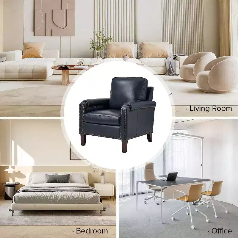 Fauteuil en cuir véritable avec coussin amovible et clous décoratifs