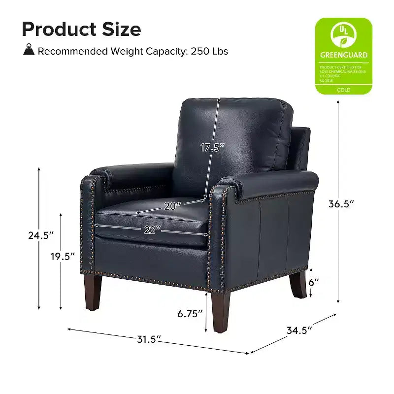 Fauteuil en cuir véritable avec coussin amovible et clous décoratifs