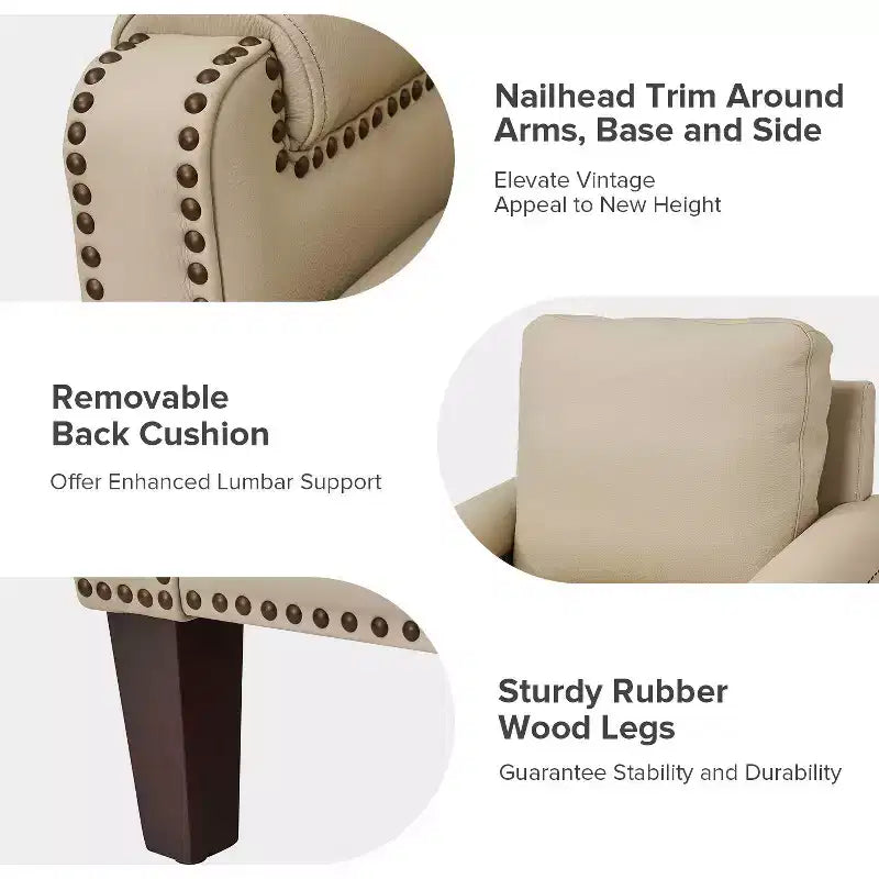 Fauteuil en cuir véritable avec coussin amovible et clous décoratifs