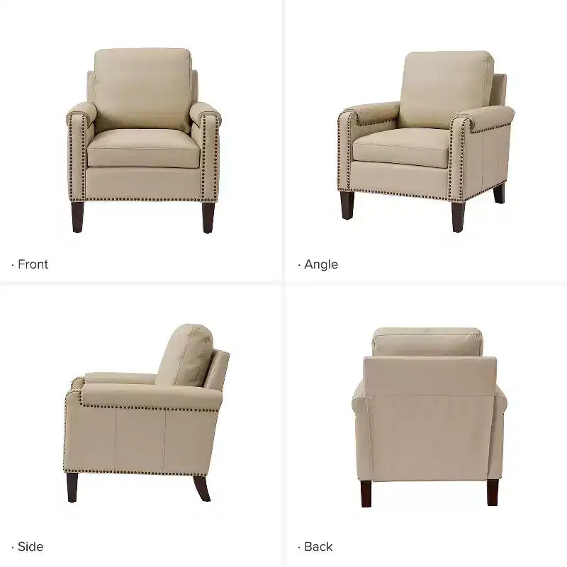 Fauteuil en cuir véritable avec coussin amovible et clous décoratifs