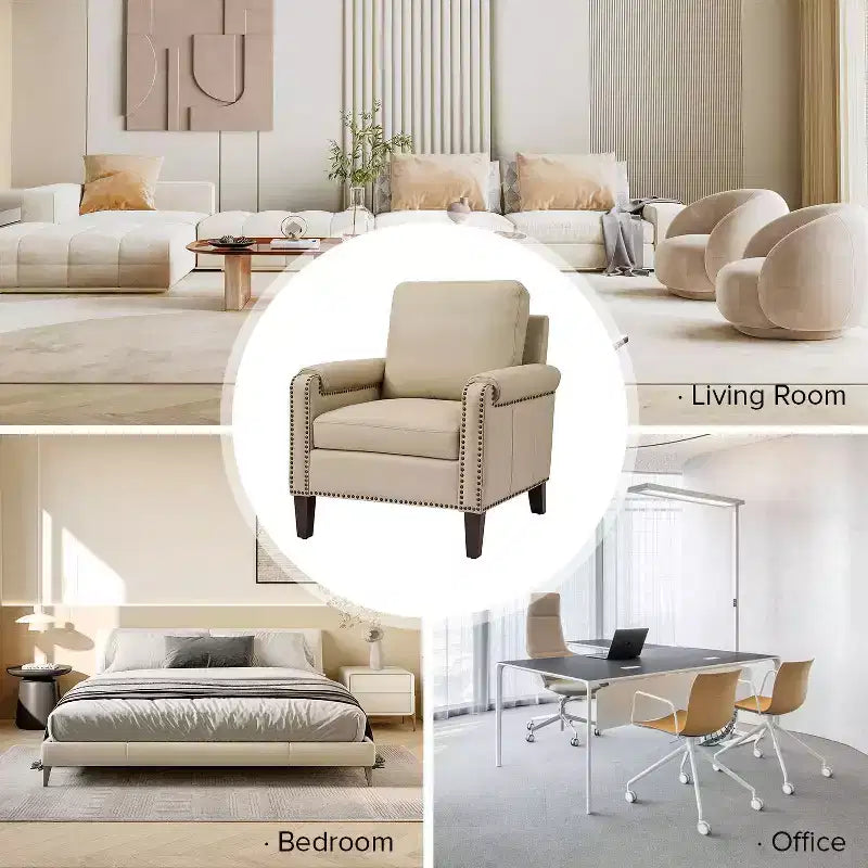 Fauteuil en cuir véritable avec coussin amovible et clous décoratifs