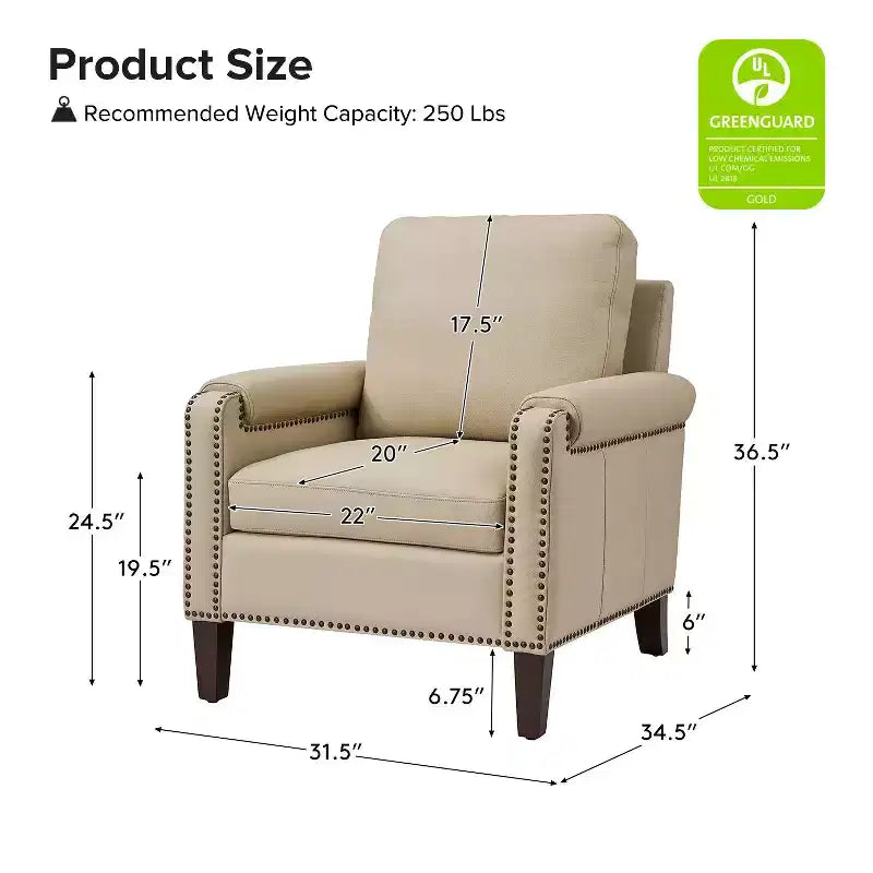 Fauteuil en cuir véritable avec coussin amovible et clous décoratifs