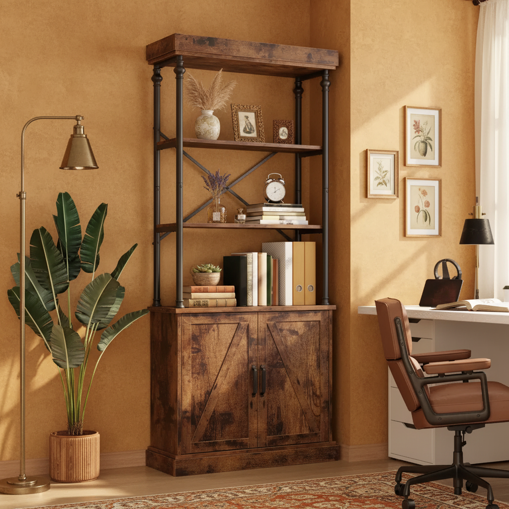 Bibliothèque de ferme avec portes, étagère en bois